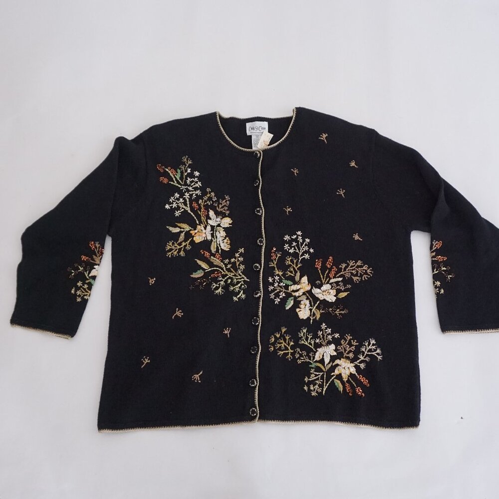 Vintage Carly St. Claire Black Embroidered Floral 45% Cotton Knit Cardigan 2X